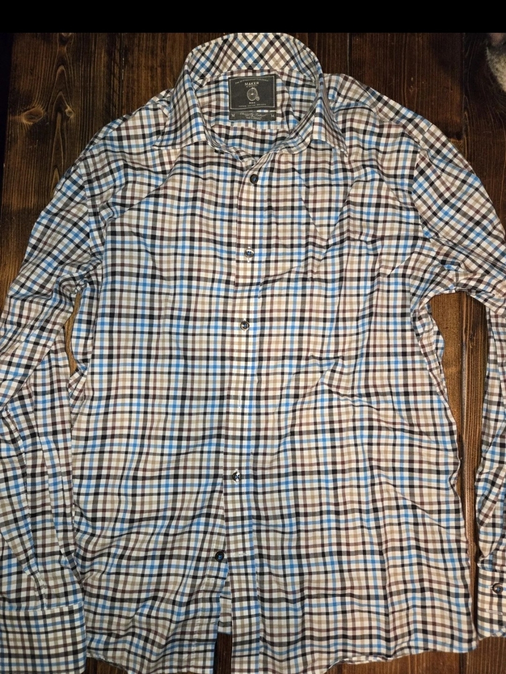 Maker and Company Plaid Button-Down Shirt - Blue, Brown & White